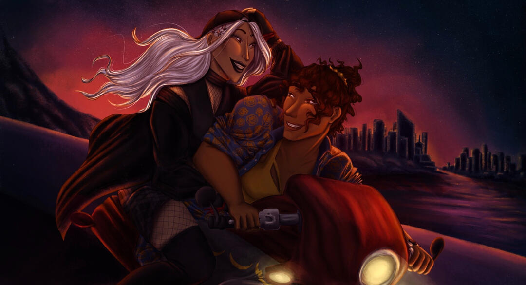 Two women riding on a motorcycle during the sunset.